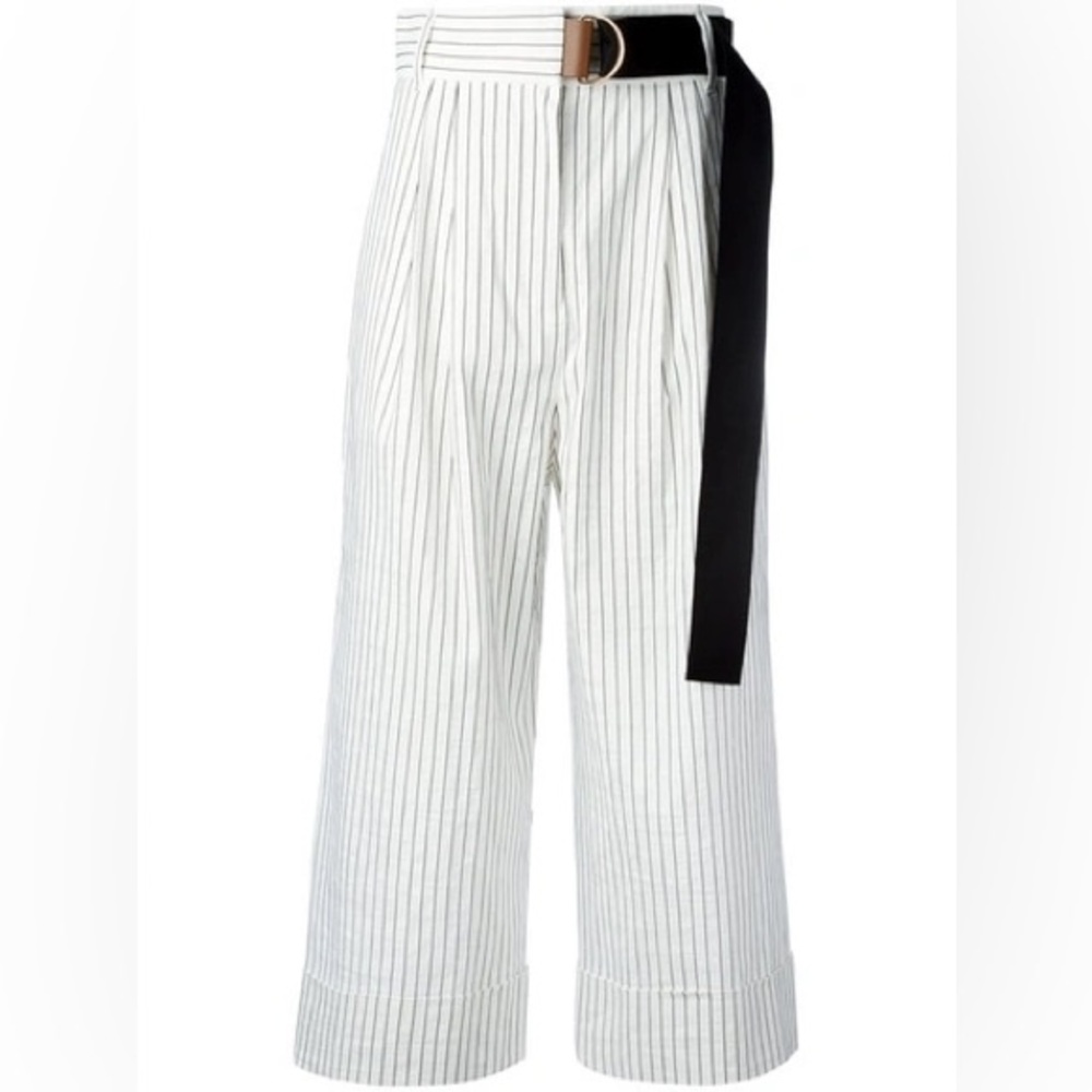 Tibi CECIL STRIPED CULOTTES WITH D-RING BELT, WHITE IN IVORY MULTI